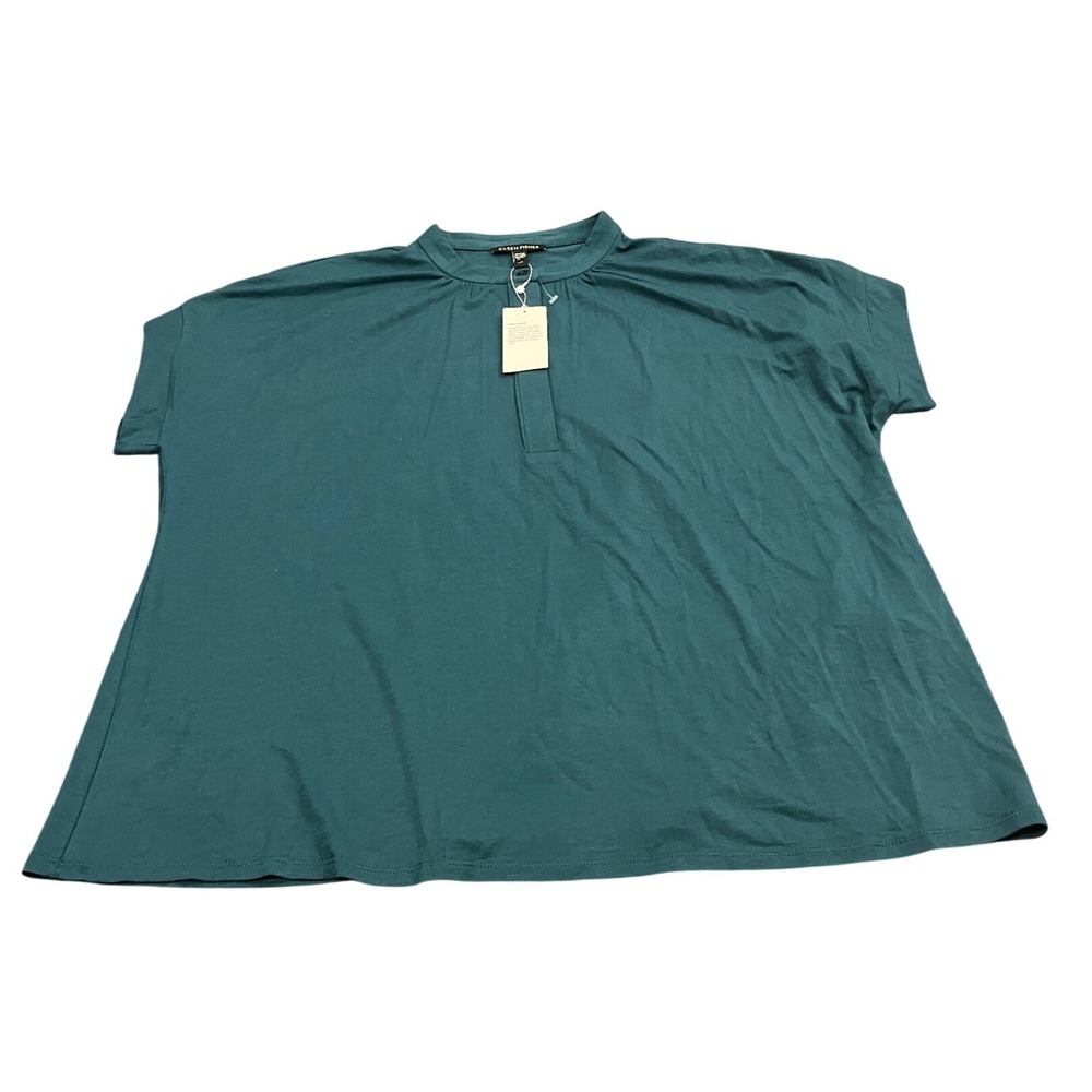 Eileen Fisher Mandarin Collar Henley Women L Agean Blue Fine Jersey Tencel Top